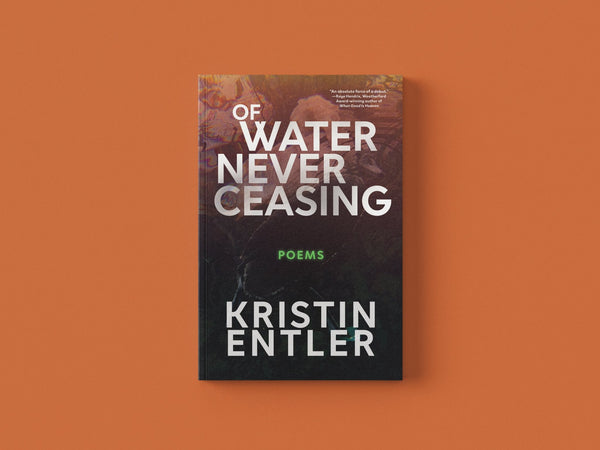 Open book titled "Of Water Never Ceasing" by Loblolly Press, showcasing poetic text on a white background.