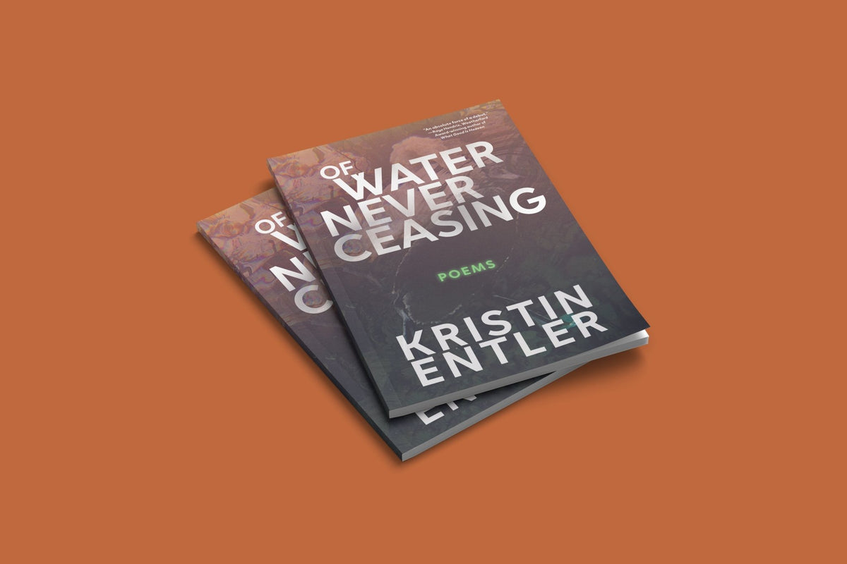 Open book titled "Of Water Never Ceasing" by Loblolly Press, showing pages with poetic text and artwork.